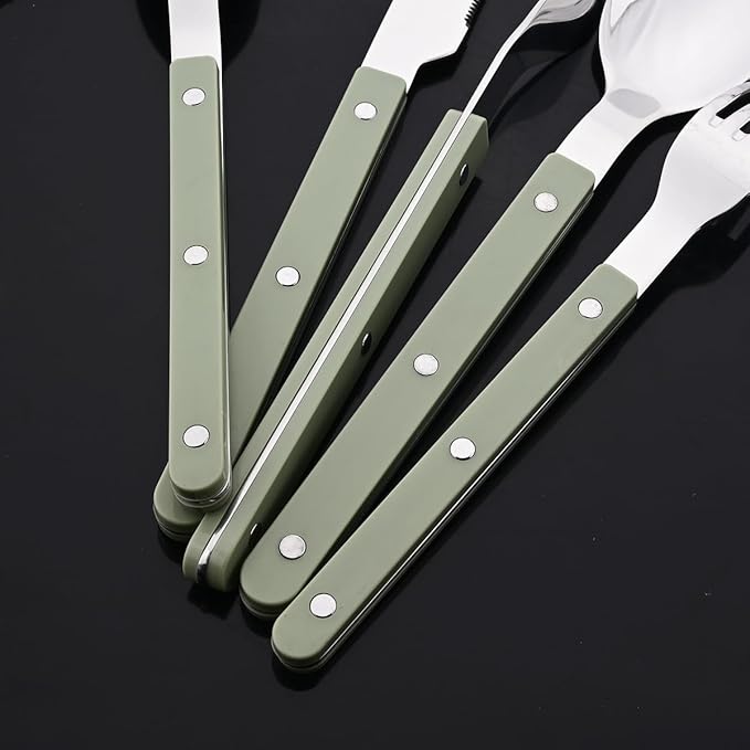 JASHII Silverware Flatware Set 20 Pieces Stainless Steel With Rivet Retro Cutlery Set Knife Fork Spoon Set Service for 4 for Home Restaurant Wedding - Green Handle