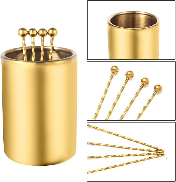 Metal Cocktail Picks 12Pack+Holder Kit, 304 Stainless Steel Toothpicks, Reusable Cocktail Skewers, Garnish Picks Bloody Mary Skewers, Martini Picks for Olives Appetizers Fruit (Thread Gold)