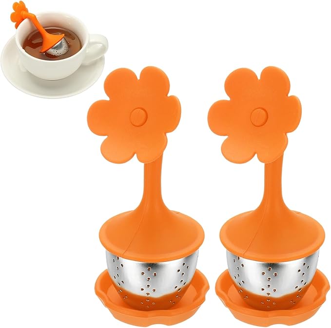 uxcell 2 Pcs Flower Tea Infuser, Stainless Steel Loose Leaf Tea Steeper Filter with Silicone Handle Reusable Coarse Pores Mesh Strainer Diffuser for Teacups Teapots Mugs, Orange