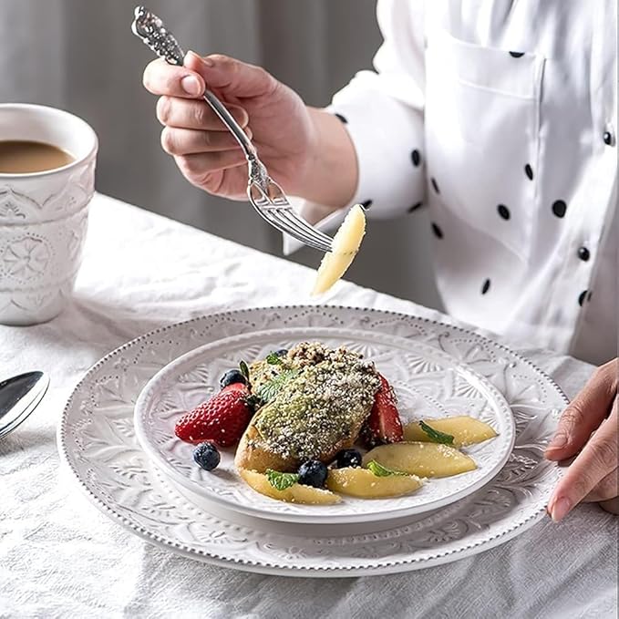 ☆Ceramic Dinnerware Set, 14 PCS Plates Set, Dishes Set, White Underglaze Dinner Sets - Retro Embossed Dinner Plate Soup Plate with Floral Pattern for Family Party, Service for 4,White, size