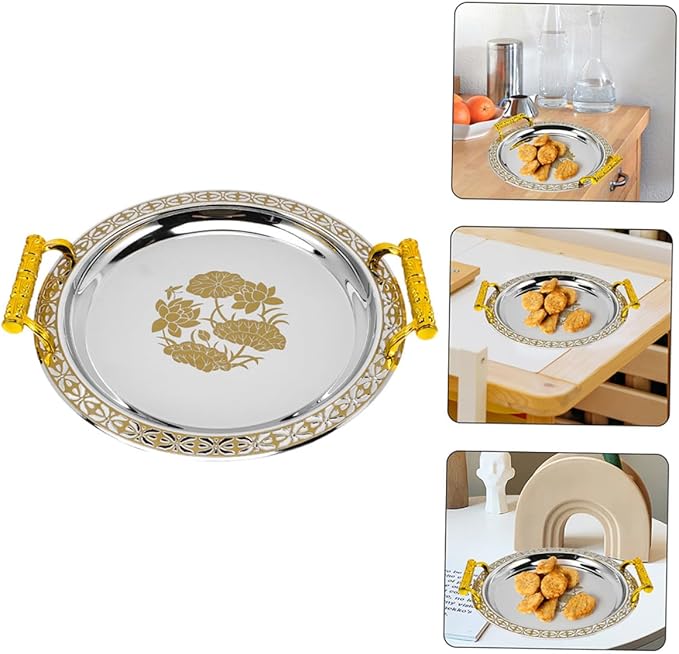 European Style Fruit Serving Tray Gold Patterned Round Appetizer Plate Sturdy Plastic and Stainless Fruit Holder for Home Buffet Party
