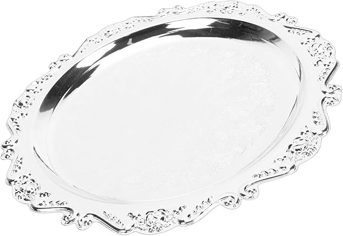 Asixxsix Asixxsix Silver Serving Tray, Vintage Floral Engraved Decorative Tray with Floral Design for Party Food Appetizers Desserts Fruits Whiskey Charcuterie (25cm) (20cm)