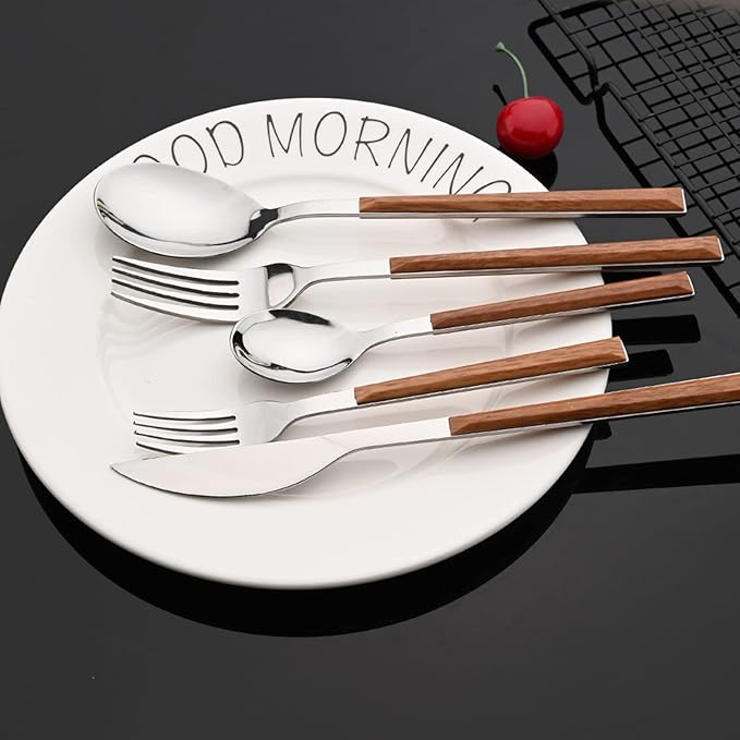 JASHII 30-Piece/6 Sets Wood Flatware Set, Premium Shiny Silver Stainless Steel Cutlery Set, Wooden Square Handle Flatware Dinner Knife Fork Spoon Set, Mirror Polished