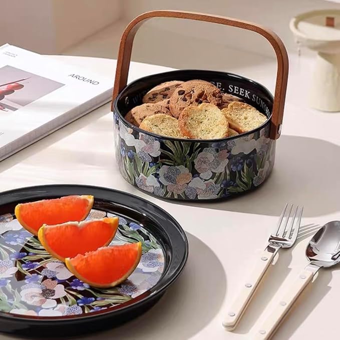 Fruit Bowl Dessert Plate Handmade Flower and Bird Pattern Round Ceramic Tableware Set (Black - two pieces)