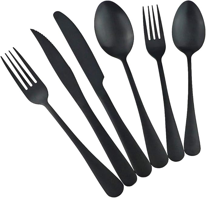 Gugrida 24-Piece Titanium Black Plated Stainless Steel Flatware Set, Travel Cutlery Include Knife Fork Spoon Service for 4,Healthy & Eco-Friendly Silverware - Matte Elegant Modern Eating Utensils