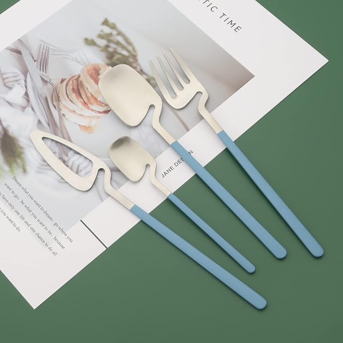 Brushed Flatware Set for 8, Uniturcky 32-Piece Matte Silverware Set with Colored Handles, 18/10 Stainless Steel Dinnerware Tableware Set, Eating Utensils for Party/Wedding/Home, Blue Handle