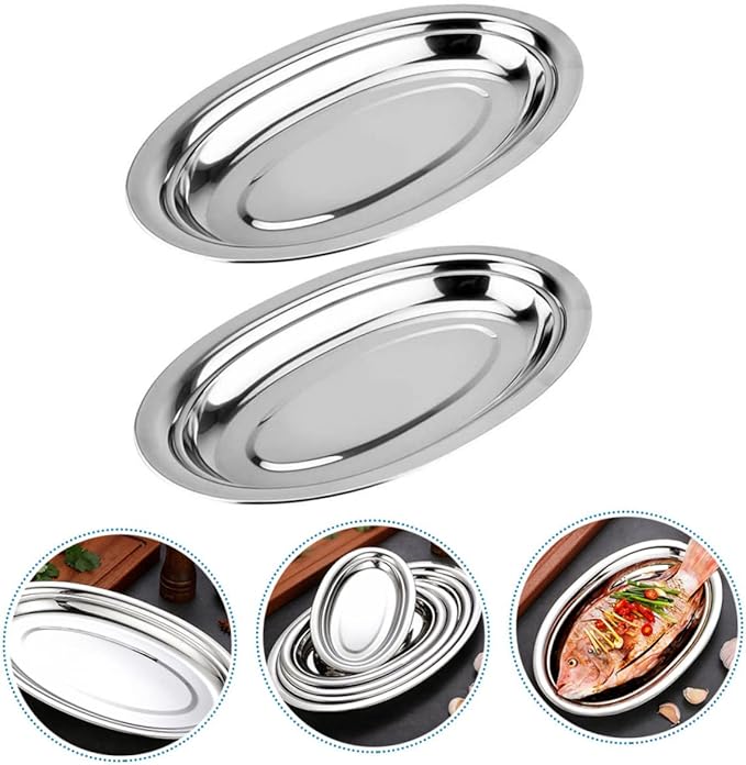 2Pcs Stainless Steel Oval Plates for Steaming Fish and Snacks Home Snack Dish Easy to Clean Restaurant Pastry Plate Silver Serving Tray
