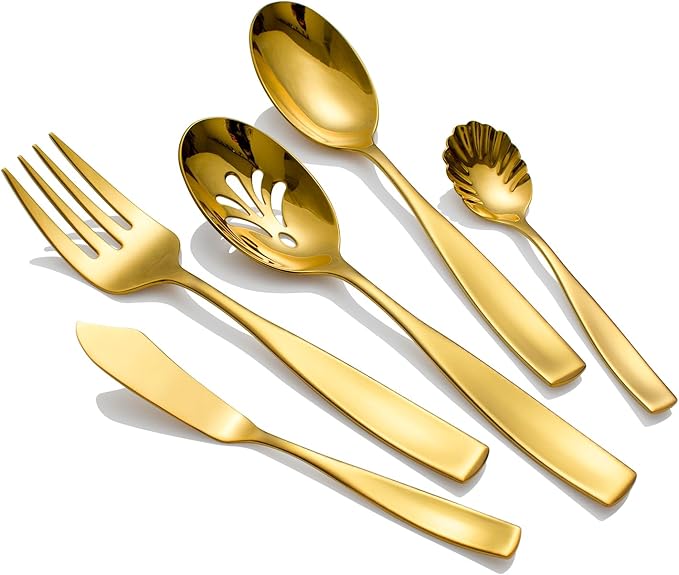 Serving Utensils, CITESANA 5-Piece Gold Stainless Steel Silverware Serving Set Mirror Polished Hostess Flatware for Buffet Kitchen Dishwasher Safe