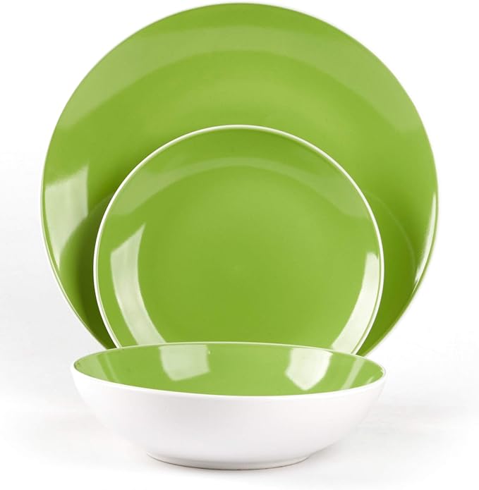 Stoneware Coupe Shape 12pc Dinnerware Set, Outside White + Inside Bamboo