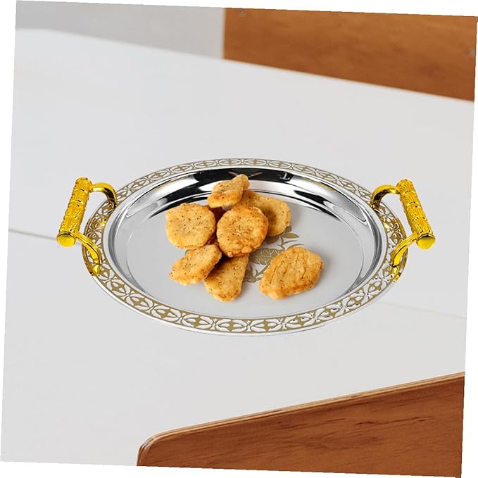 European Style Fruit Serving Tray Gold Patterned Round Appetizer Plate Sturdy Plastic and Stainless Fruit Holder for Home Buffet Party