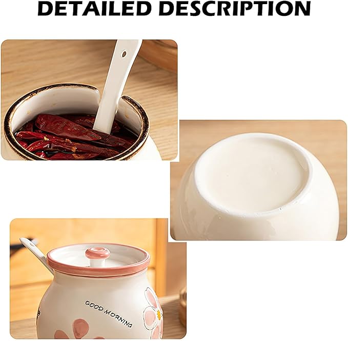 Ceramic Salt and Sugar Bowl, Porcelain Condiment Jars with Lid and Spoon, Seasoning Spice Pot Bowl, Salt Sugar Pepper Storage Jar, 600ml, Pink Flower