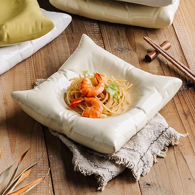 8 Inch White Ceramic Square Dinner Plate, Creative Appetizer Plates for Wedding Kitchen Party Decor, Fun Pillow-Shaped Dessert Plates for Salad, Bread, Fruit