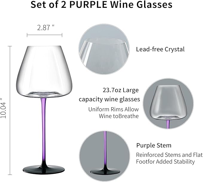 Crystal Wine Glasses Set of 2 with Gift Box. Dishwasher Safe. 24oz Large Purple Wine Glasses with Long Stem for Women.Hand-Blown ,Thin Rim. Gift for Wife,Girlfriend,Mom.Unique & Modern Design