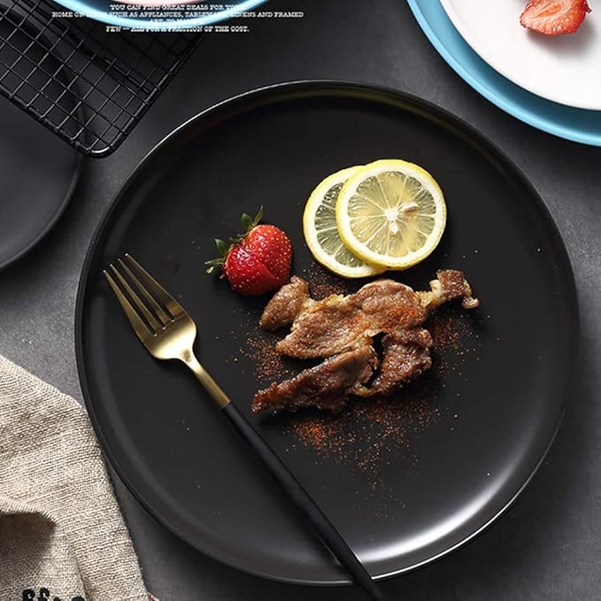 BonNoces Matte Black Porcelain Dinner Plate, 10-Inch Large Elegant Round Serving Plate Set Perfect for Steak, Pasta, Dessert and Salad, Set of 6