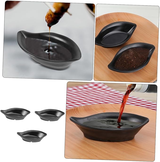 OUNONA 3-Piece Sauce Dipping Bowls Set Imitative Ceramic Condiment Plates Black Easy to Clean Suitable for Appetizers and Snacks