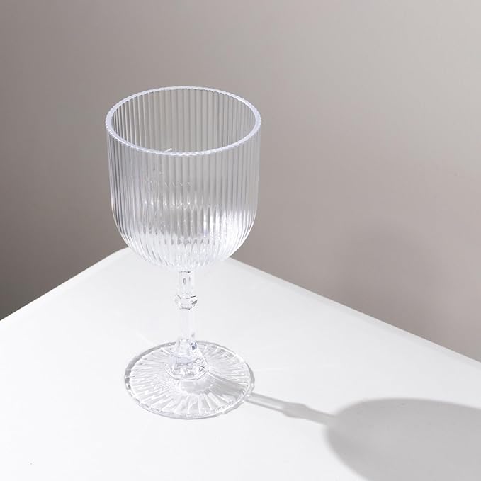TCF Linen 12 Pack Clear Plastic Wine Goblets, 9oz Ribbed Reusable Shatterproof Drinkware for Weddings Parties Catering Cocktails and Desserts Cups