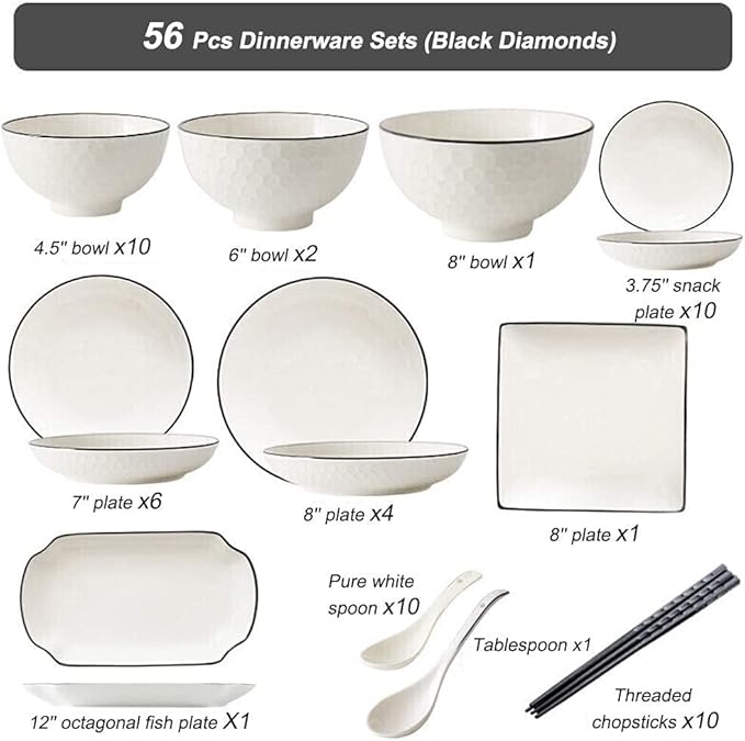 60 Pieces White Dinnerware Set Dishes - Dinner Plates and Bowls Sets Service for 12, Luxury Ceramic Dishes Set, Nordic Style Black Line Diamond Pattern, for Family Friend (White 56 Pcs)
