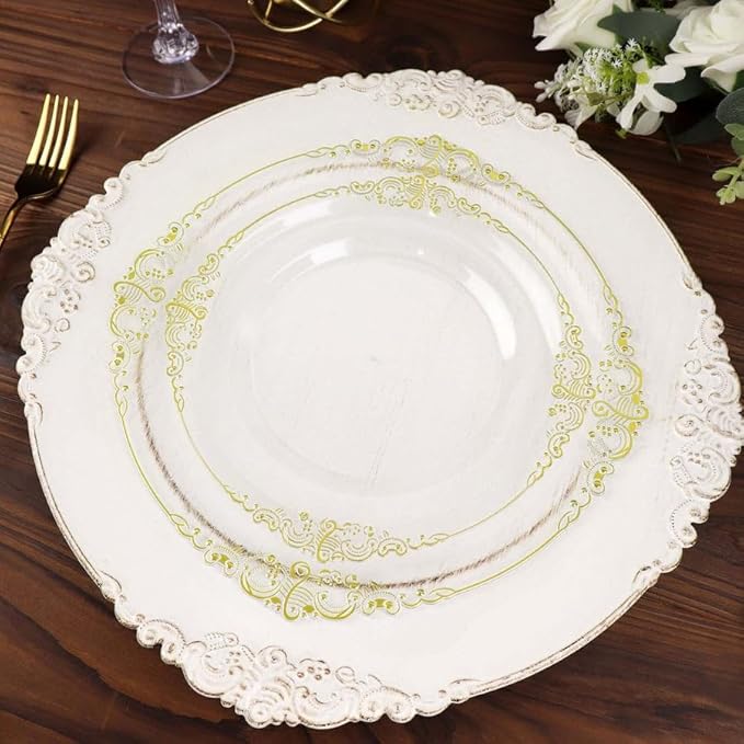 10" Dinner Plates -Set of 20 - Plastic Clear Gold Round Baroque Disposable Plate Leaf Embossed Rim, Ideal for Decoration Party Wedding Bulk Events