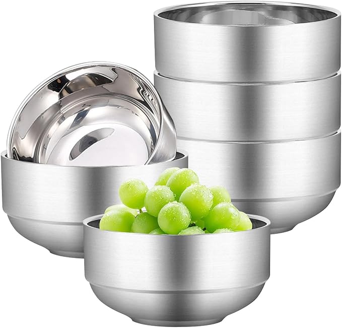 6 Pcs Stainless Steel Bowls, 4.7 inches deep x 2.4 inches high Soup Bowls Stainless Steel Cereal Bowls Double-walled Metal Serving for Rice, Ice cream, Food-grade Material Dishwasher Safe