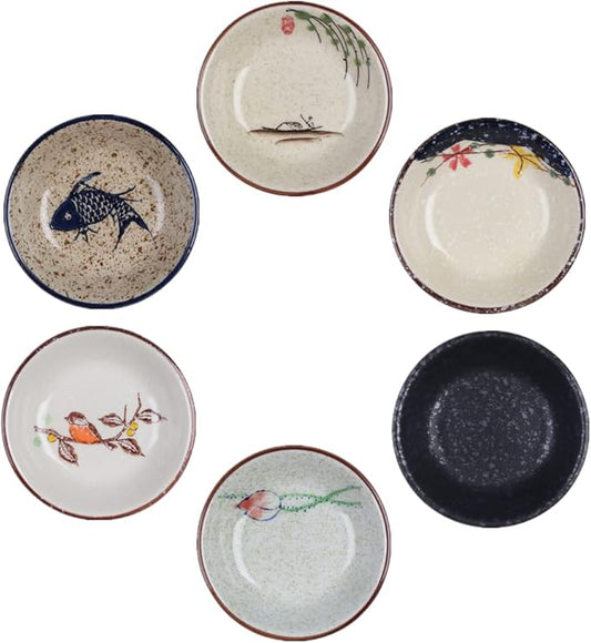 Japanese Retro Ceramic Side Dishes Set of 6, Ceramic Dip Bowls Appetizer Plates, 3.8 Inch Seasoning Dish for Ketchup, Sushi, Snack, Sauce, Dessert