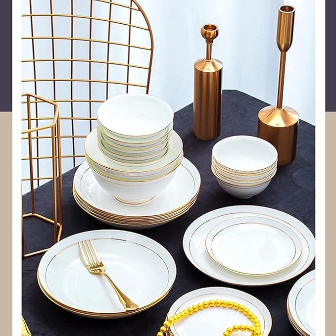 36Pcs Ceramic Dinnerware Set Bone China Dinnerware Dishes Plates Ceramic Combination Dinnerware Set Porcelain Service for 6, White with Gold Rim Luxury Bone China Dinnerw-Square