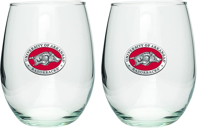 Heritage Pewter Arkansas Razorbacks Stemless Glass Goblets – Set of 2 | 15 OZ Goblet Wine Glasses | Expertly Crafted Pewter Glass