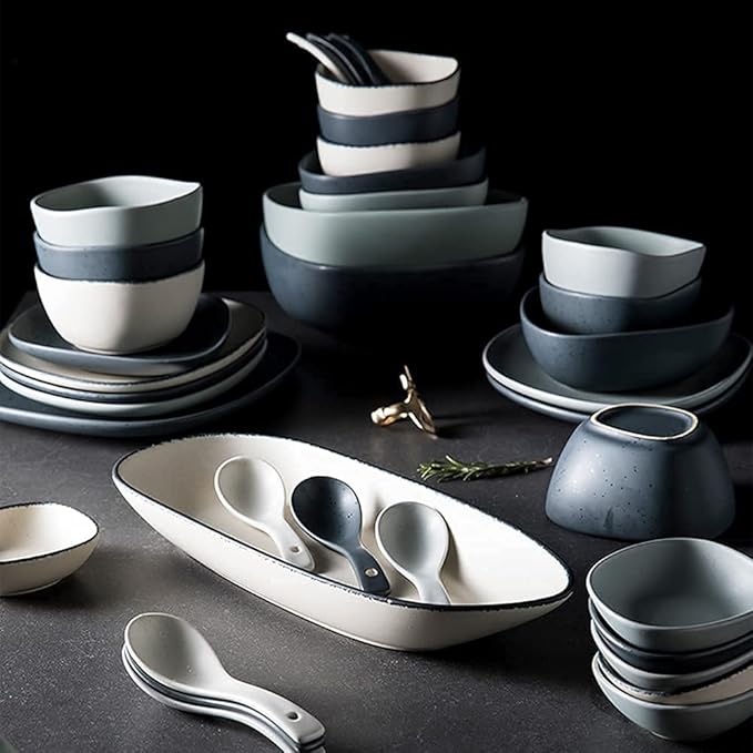 Nordic Ceramic Dinnerware Sets, Porcelain Plate and Bowl Sets, High-End Color Dishware Sets, Modern Reactive Glaze Stoneware Dishes Set Holiday,12Pcs (White 48Pcs)