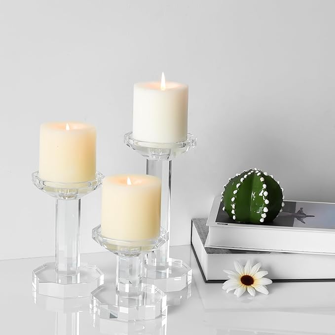 kitCom Crystal Candle Holders Set of 3, Crystal Candlestick Holders for Taper, Long Candles - Home Decoration, Wedding, Housewarming and Graduation Gifts