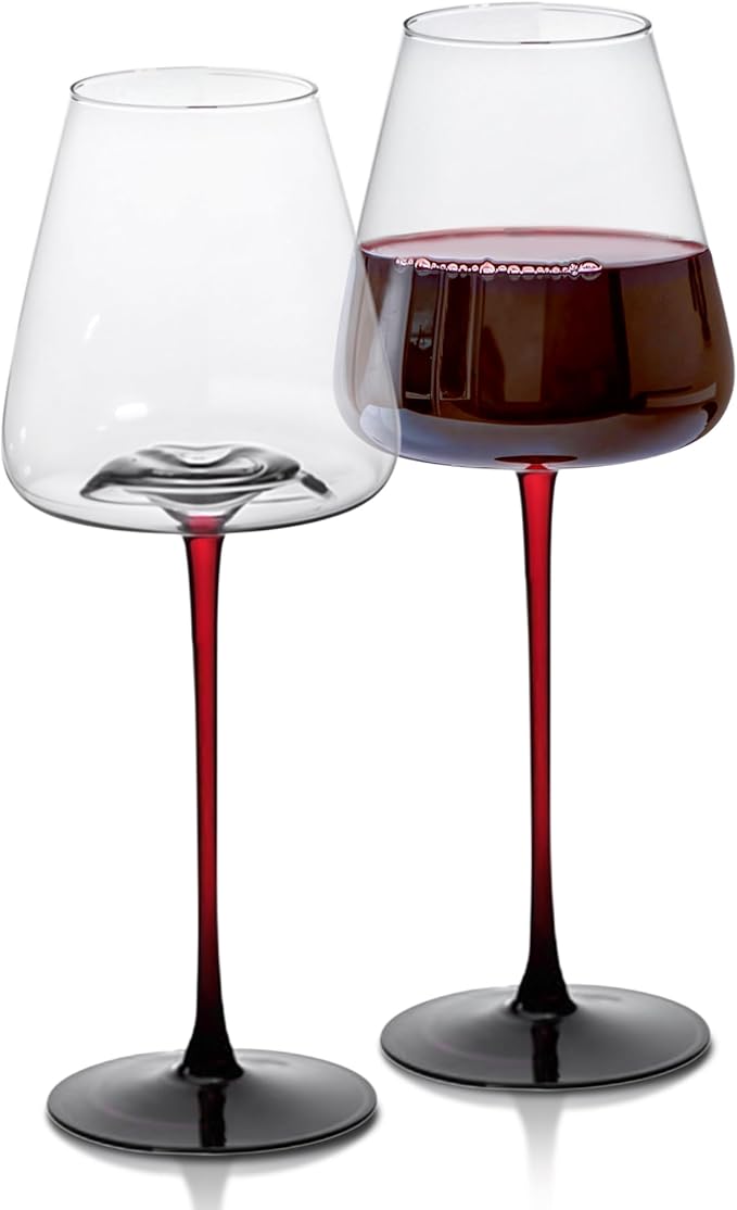 LEMONSODA Concave Champagne & Wine Glasses - Modern Red Stem & Black Bottom for Sparkling Wine, Rosé, Prosecco, Champagne – Handcrafted Barware, Perfect for gift (16oz, Set of 2)