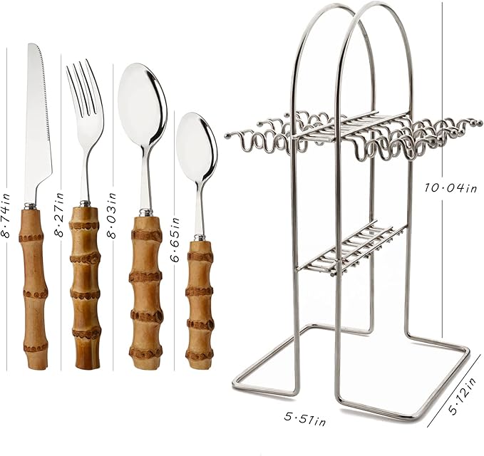 Bamboo Silverware set, 25 PCS Natural Bamboo Flatware Set with Holder, Stainless Steel Forks Spoons and Knives set with Bamboo Handle, Silver Cutlery Set with Stand, Service for 6