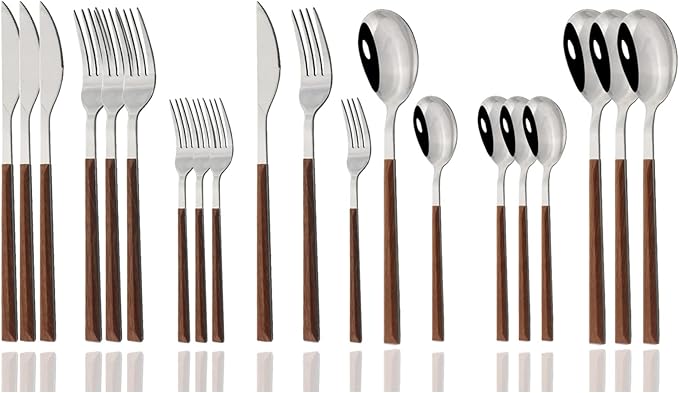 JASHII Silver Stainless Steel Cutlery Sets of 4, with Wooden Wide Square Handles, Dinner Spoons, Knife and Fork Set, Flatware Set Tableware Dinnerware, 20 pieces