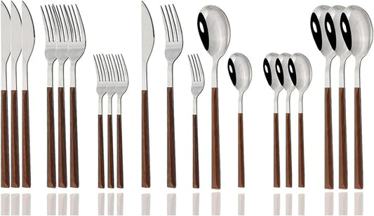 JASHII Silver Stainless Steel Cutlery Sets of 4, with Wooden Wide Square Handles, Dinner Spoons, Knife and Fork Set, Flatware Set Tableware Dinnerware, 20 pieces
