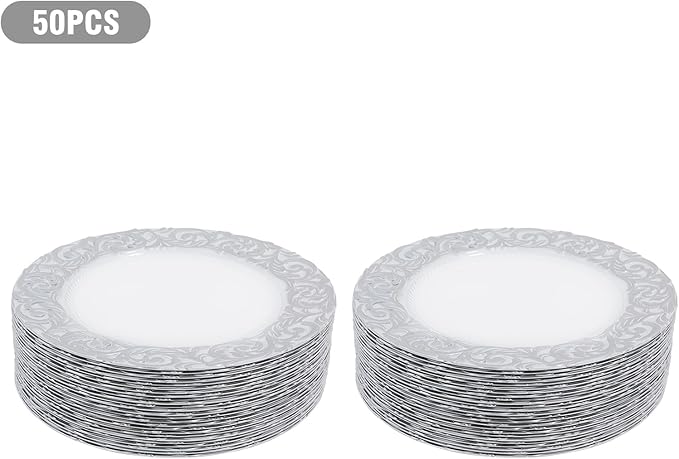 50 Pcs Antique Charger Plates Bulk 13" Round Floral Chargers for Dinner Plates, White Charger Plates for Wedding, Party, Elegant Tabletop Decor (White+Silver)