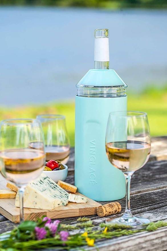 Vinglacé Wine Bottle Chiller Gift Set- Portable Stainless Steel Wine Cooler with 2 Stemless Wine Glasses, Sea Glass