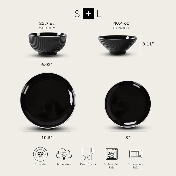 Christian Siriano Lustra Modern 32-Piece Stoneware Dinnerware Set, Plates and Bowls Set, Dinner and Salad Plates, Ramen Bowls, Dishes for 8, Black