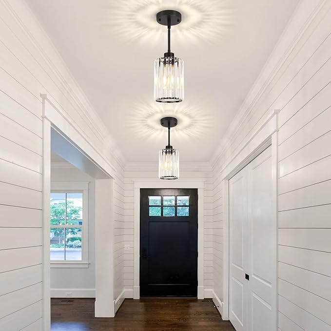 2 Pack Black Pendant Light, Modern Crystal Pendant Lights Kitchen Island Lighting, Hanging Light Fixtures Mini Chandelier Pendant Lights for Island Dining Room Hallway Bedroom