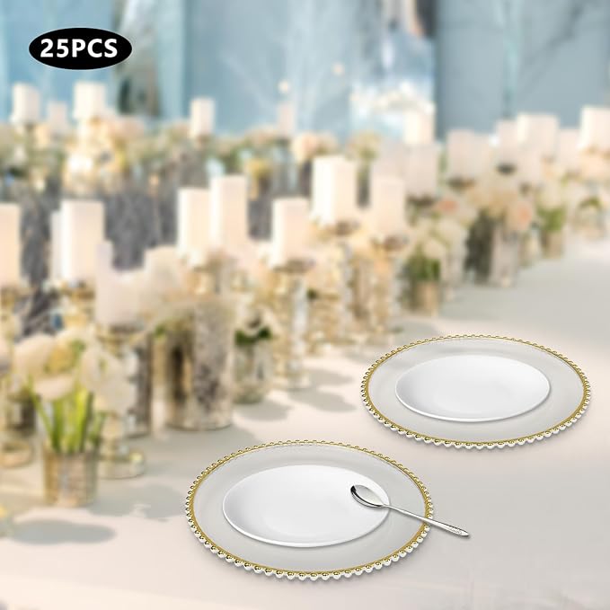 25Pcs Antique Clear Charger Plates, 13" Round Decorative Reef Chargers for Dinner Plates, Reusable Plastic Charger Plates Bulk with Gold Bead Rim for Wedding, Dinner, Party, Bridal Shower