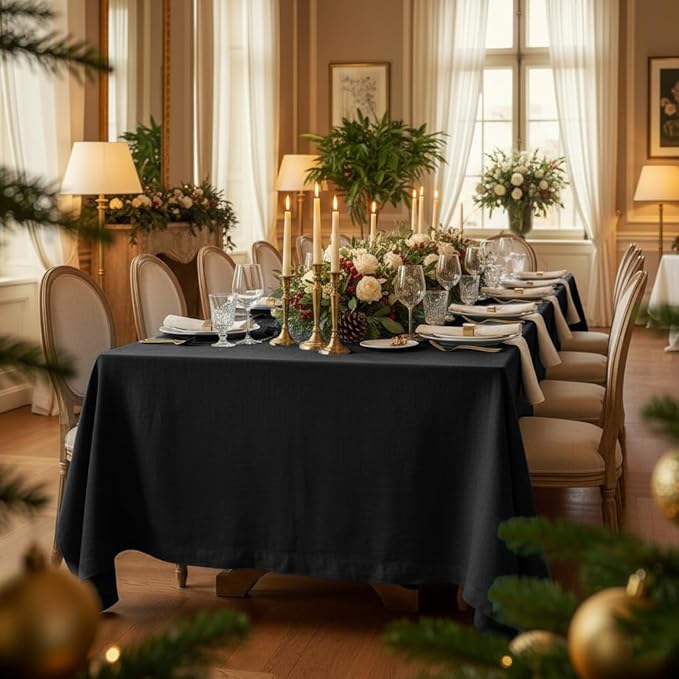 D'Moksha Homes Black Linen Tablecloth 60 x 144 Inch - 100% Pure Linen Table Cloth for Rectangle Tables - Machine Washable Tablecloth for Winter, Christmas, Holiday, New Year
