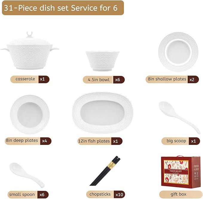 White Dinnerware Sets for 8 Dinner Plates 24 31 38 46 62pcs Plates And Bowls Sets Simple Style Dishware Sets Kitchen Dishes Set Dinner Set for Family Gatherings Dishwasher&Microwave Safe(31pcs)