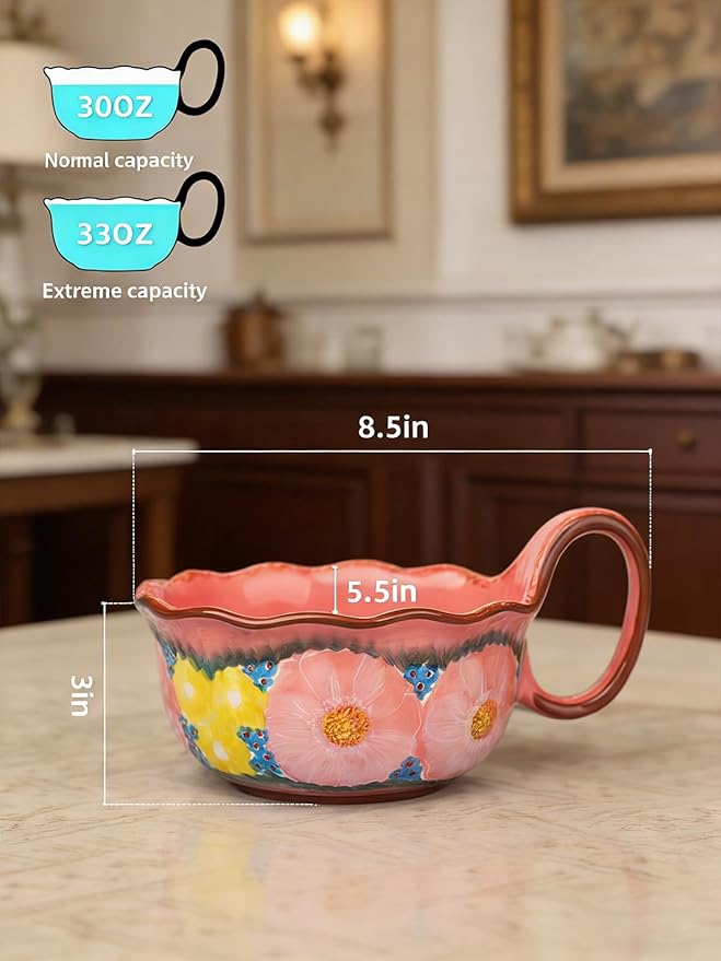 silesia Handmade Ceramic Soup Bowl, 30 oz Hand Painted Bowl with Loop Handle, Floral Design Cereal Bowl for Soup, Ice cream, Snack, Microwave & Dishwasher Safe (Glazed Pink)
