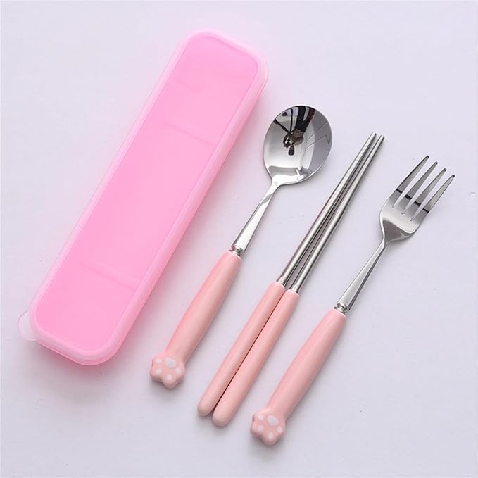 Cute Silverware Set, Cat Paw Ceramic Handle Dinnerware Set Flatware Kitchen Accessories Camping Travel Sets Fork Spoon Chopstick Portable Cutlery Sets with Case, Black Pink Blue Yellow Green