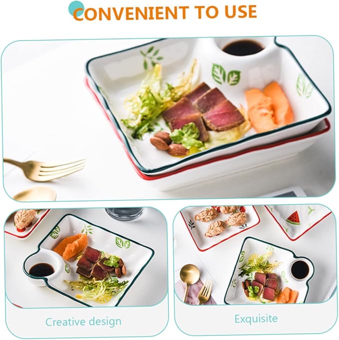 ABOOFAN Japanese Ceramic Divided Dumpling Dish Sauce Holder Hand-Painted Square Plate for Fruits and Dipping Multi-Use Serving Tray for Entertaining and Everyday Meals Random Style