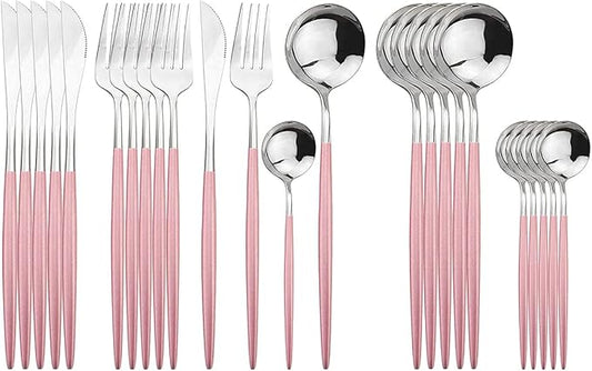 Silver Silverware Set, 24-Piece Stainless Steel Flatware Set Service For 6, Mirror Polished Pink Handle Tableware Cutlery Set Knife Fork And Spoon For Home & Restaurant, Dishwasher Safe