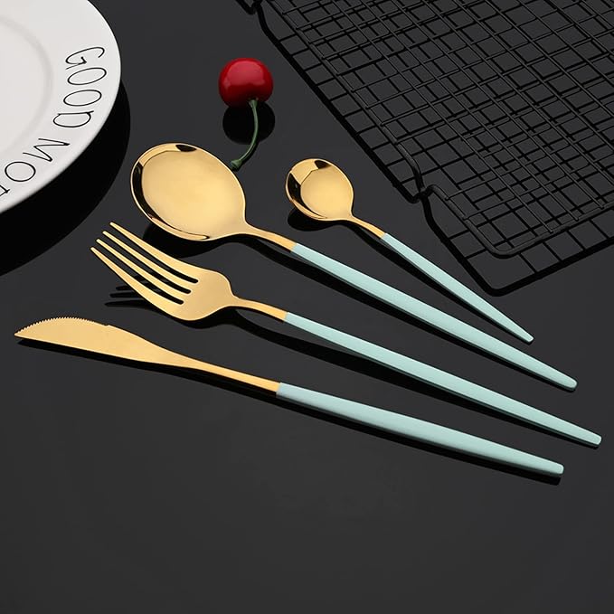 JASHII Mint Green and Gold Hanging Flatware Set Include Knife Fork Spoon Teaspoon and Stand, 24pcs Stainless Steel Utensils Set Service for 6,Modern Design & Mirror Polished, Great Gift