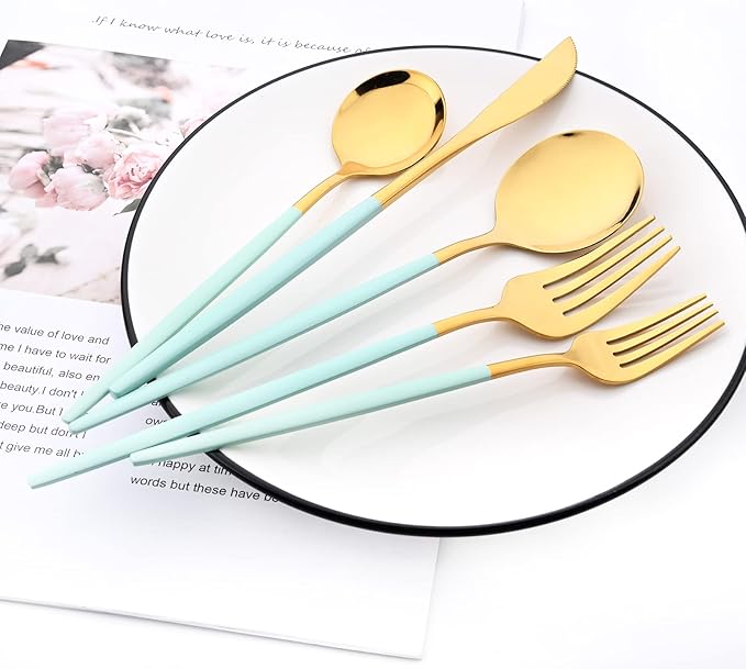 30-Piece Snplowum Mirror Flatware Serving Set, 18/0 Stainless Steel Dinnerware With Mint Green Handle, Modern Durable Home Kitchen Eating Tableware Set Service For 6 (Mint Green Gold)
