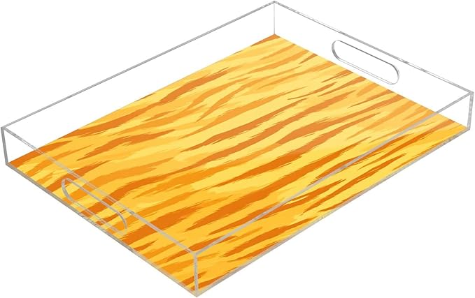Serving Tray with Handles Clear Acrylic Tray 12x16 Inch Decorative Rectangular Tray Organizer for Ottoman Coffee Table Bathroom Bright Orange Yellow Tiger Print