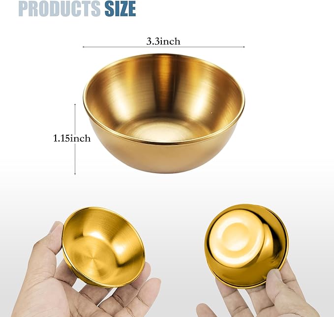 Stainless Steel Sauce Dishes,4 Pack Dipping Bowls,Small Bowls for Side dishes, Appetizer,Dip,Sushi.Reusable and Dishwasher Safe (4, Golden)