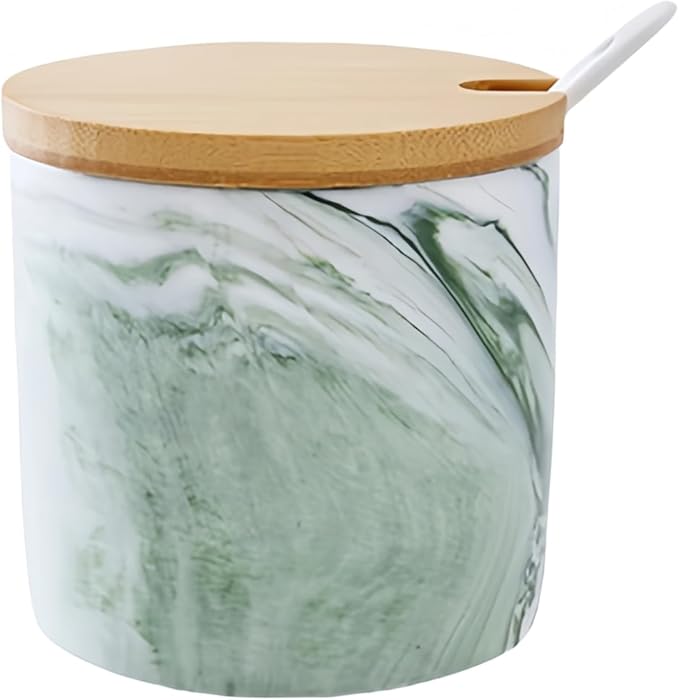 Marble Ceramic Sugar Bowl,300ml Porcelain Salt Bowl Condiment Jar Spice Container with Baboo Lids Spoon,Spice Jar Seasoning Condiment Pot Honey Jar for Home Kitchen (Green)