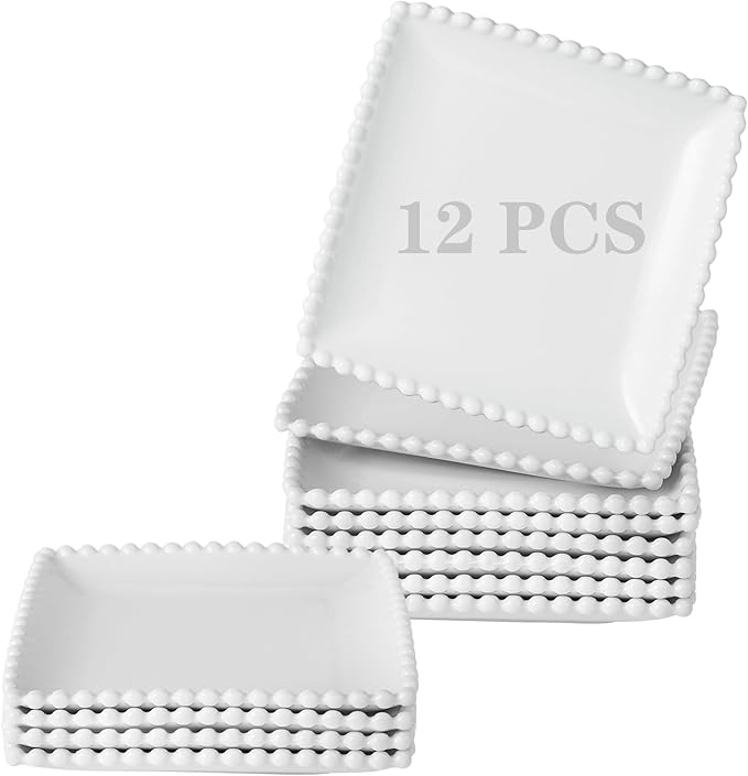 OMAYKEY 6 Inch Square Appetizer Plates, Salad Plates Set, Ceramic Dessert Plates, Porcelain Small Serving Plates for Cake, Snacks, Side Dish, Sushi - Microwave, Oven, Dishwasher Safe, Set of 12, White