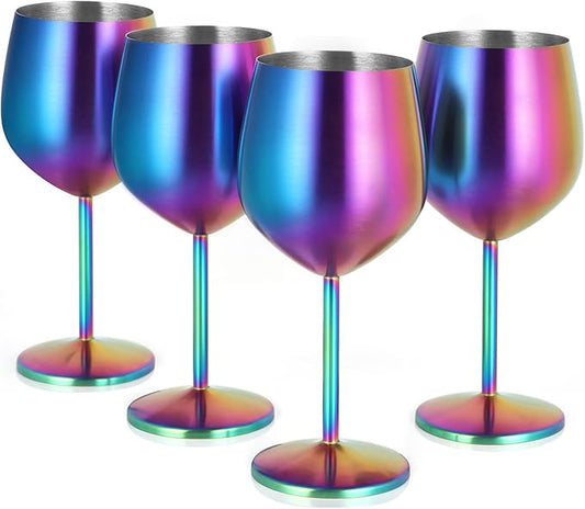 Lifecapido Stainless Steel Wine Glasses Set of 4, 18oz Colorful Stainless Steel Wine Goblets, Stemmed Metal Wine Glasses with Cup Brush for Party Office Wedding Anniversary, Great for Red White Wine